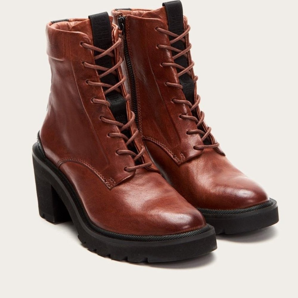 Frye Savannah Cognac Genuine Leather Classic Lace Up Streetwear Combat AnkleBoot - Picture 4 of 16